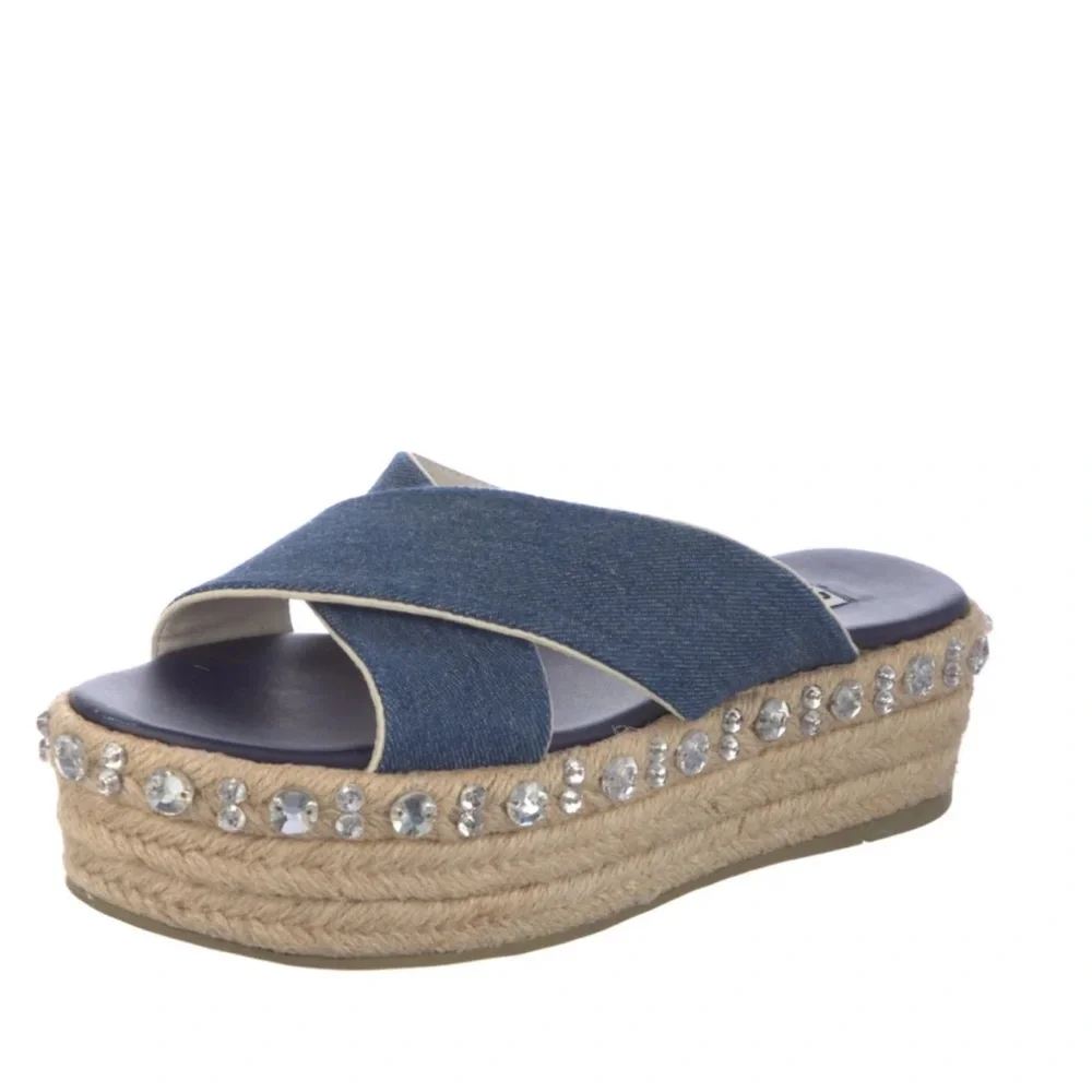 Miu Miu Criss Cross Jeweled Blue Y2K Denim Platform Sandals